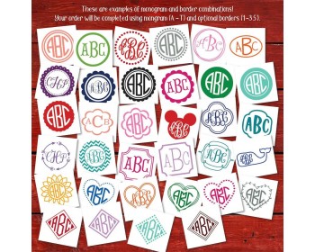 Monogram Sticker with Frame Border - Custom Monogram Car Decal - Personalized Initial Letter Vinyl Yeti Circle Script Block Heart Diamond Fishtail Vine Cursive Stacked for Laptop Bottles Cup 